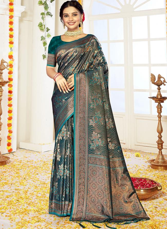 Sattin Silk Teal Festival Wear Weaving Saree